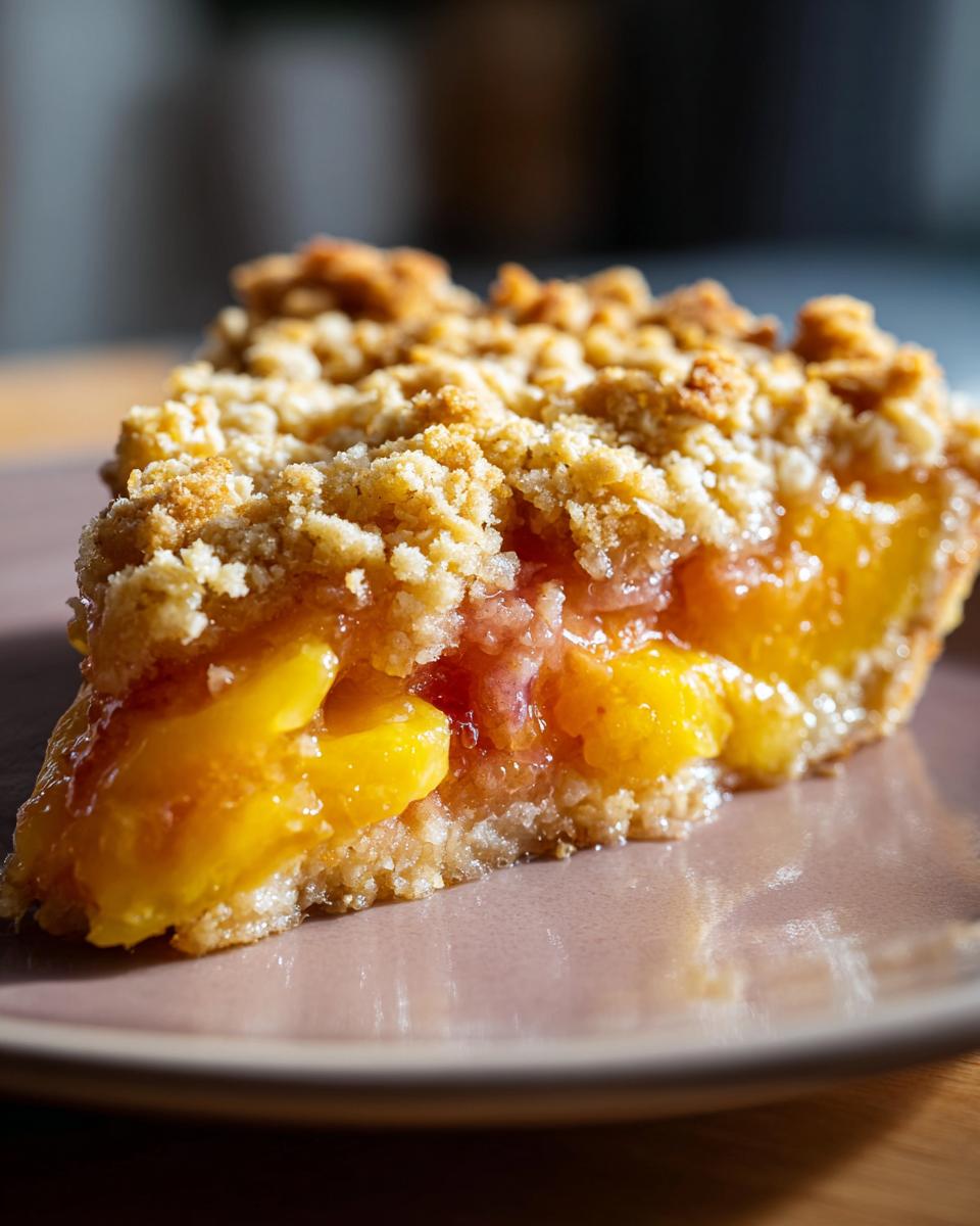 A close-up of a slice of peach crumble bars, showcasing the juicy peach filling and buttery oat topping.