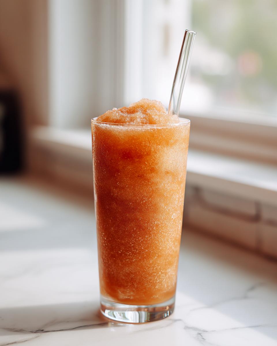 A tall glass filled with a frosty Peach Iced Tea Slush, topped with a reusable glass straw.