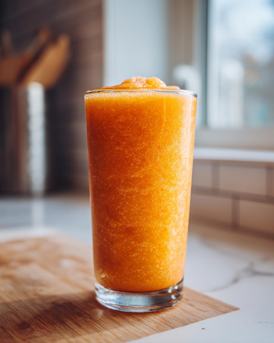 A tall glass filled with a vibrant orange Peach Iced Tea Slush, perfect for a hot afternoon.