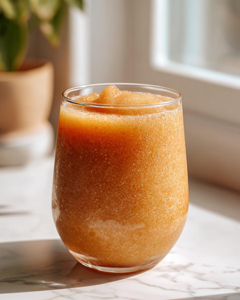 A refreshing glass of peach iced tea slush, perfect for hot afternoons.