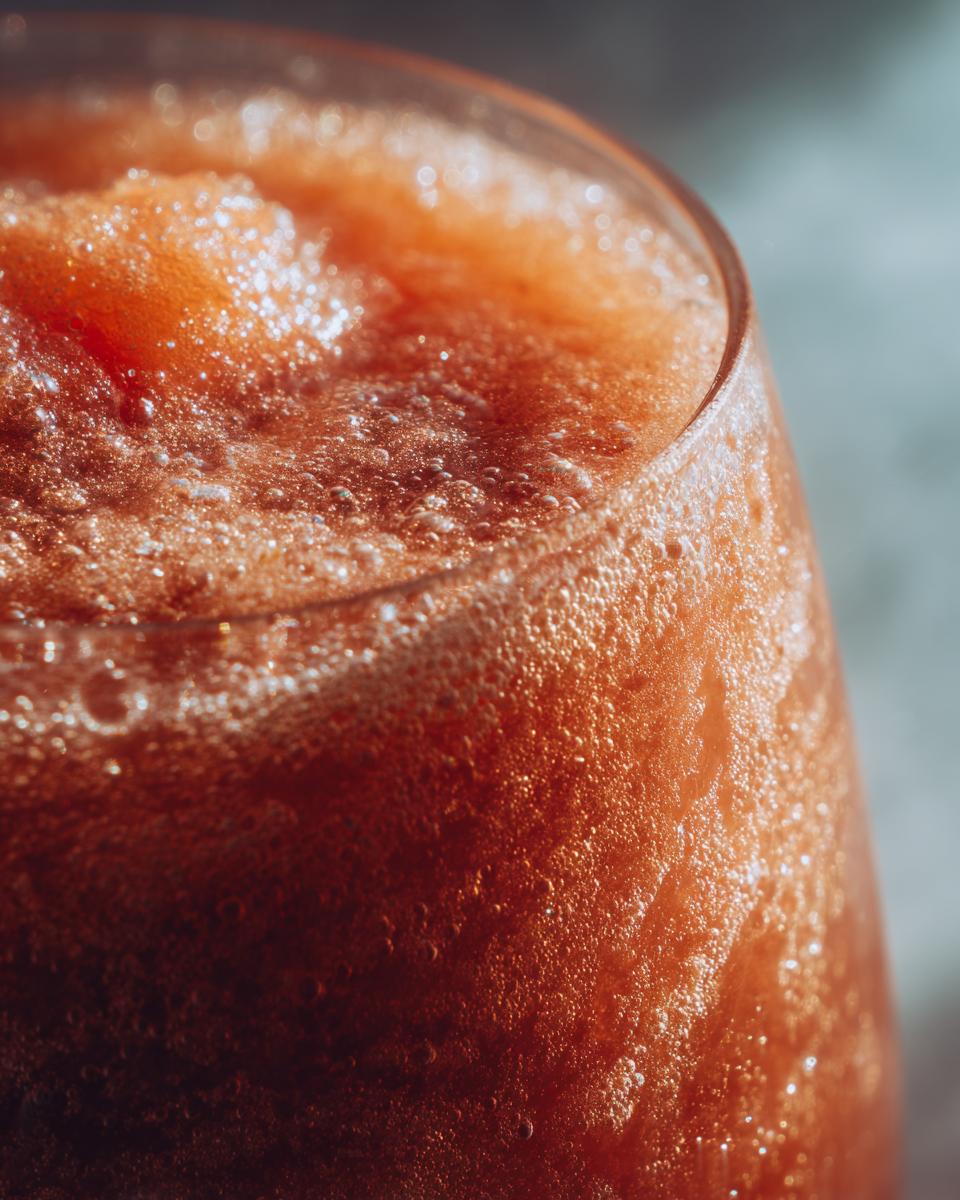 Close-up of a refreshing peach iced tea slush in a glass, perfect for hot afternoons.
