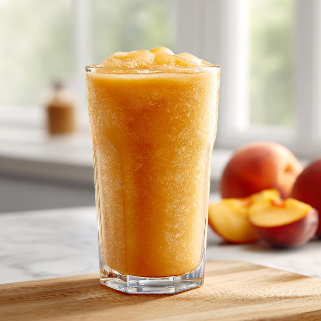 A tall glass filled with a frosty peach iced tea slush, with fresh peaches in the background.