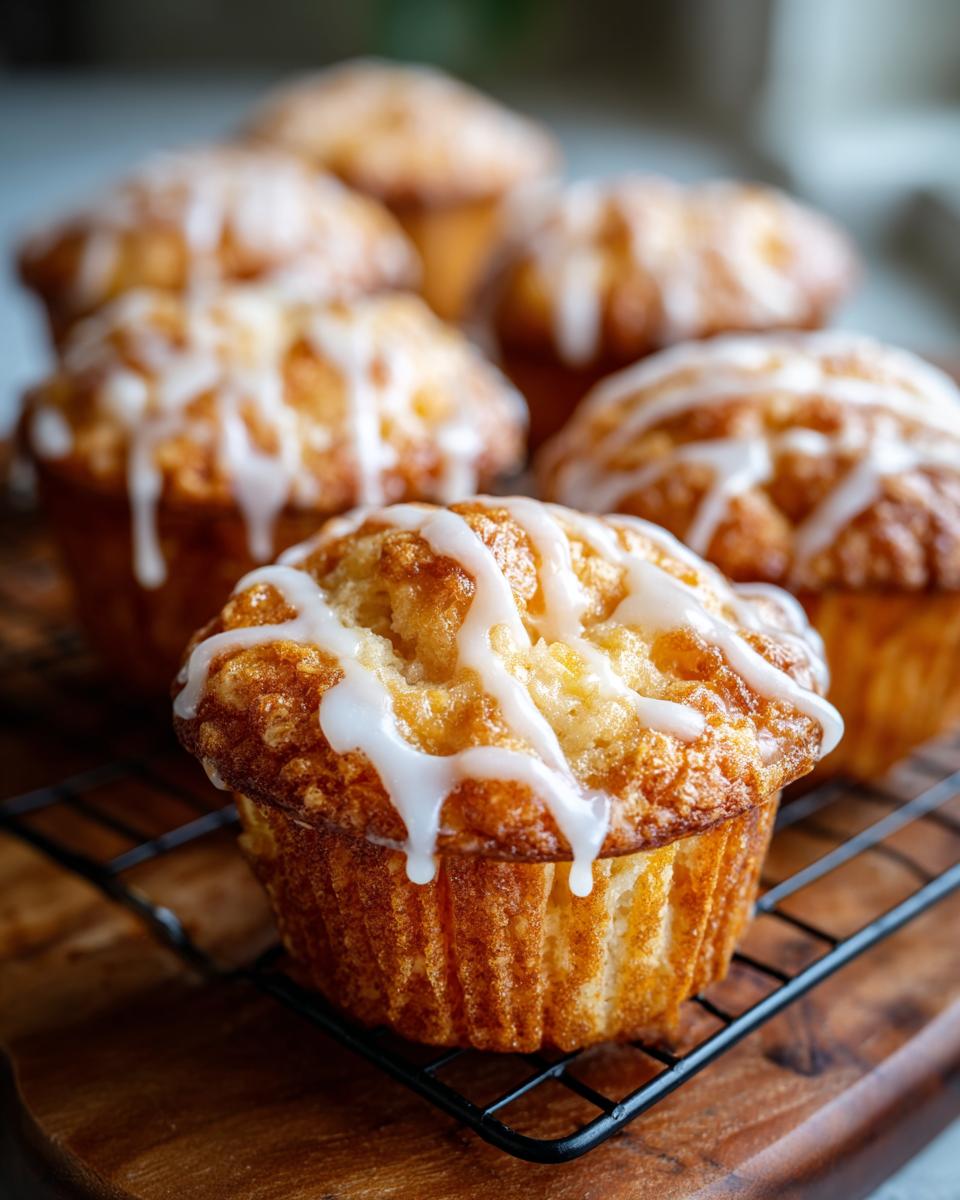 Close-up of moist peach muffins drizzled with a vanilla glaze, part of peach recipes that keep muffins moist.