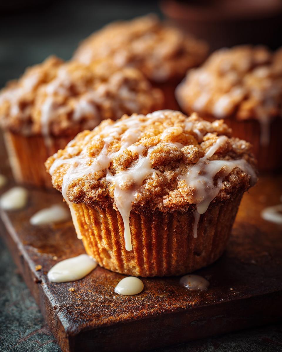 Close-up of a moist peach muffin topped with streusel and drizzled with vanilla glaze.