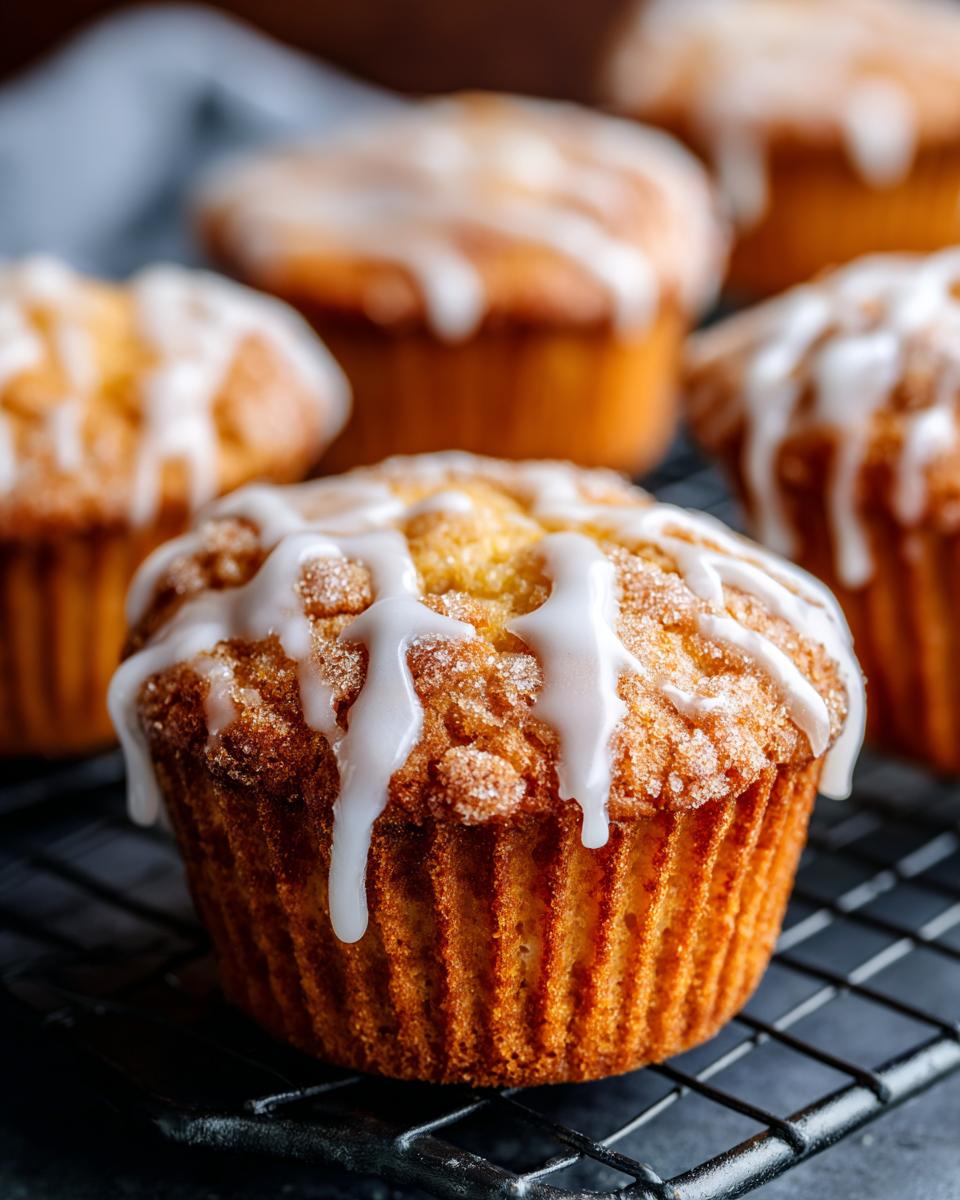 Close-up of a moist peach muffin topped with a sweet vanilla glaze and sugar crumble.