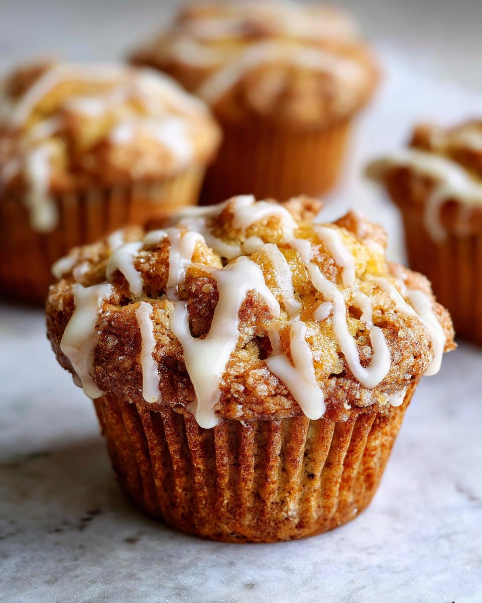 Close-up of a moist peach muffin topped with a vanilla glaze and streusel, with other muffins blurred in the background.