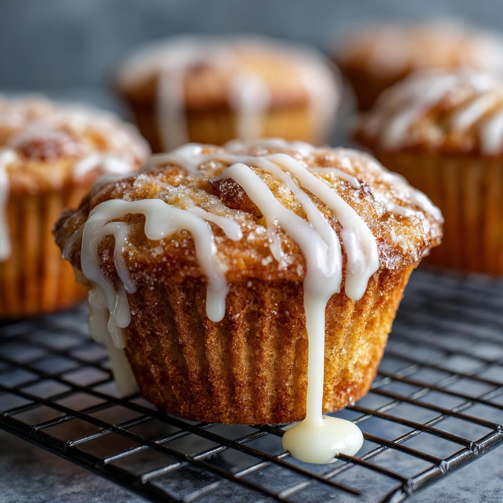 Close-up of a moist peach muffin topped with sugar and drizzled with vanilla glaze.
