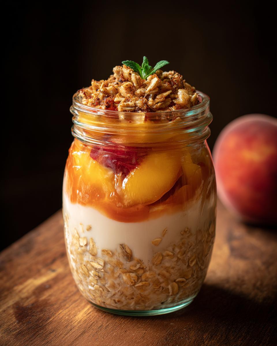 Overnight oats in a jar layered with yogurt, peaches, and a crunchy crisp topping, perfect for peach recipes.
