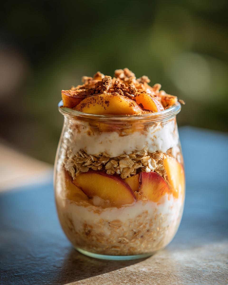 Overnight oats with fresh peaches, yogurt, granola, and cinnamon topping in a glass jar.
