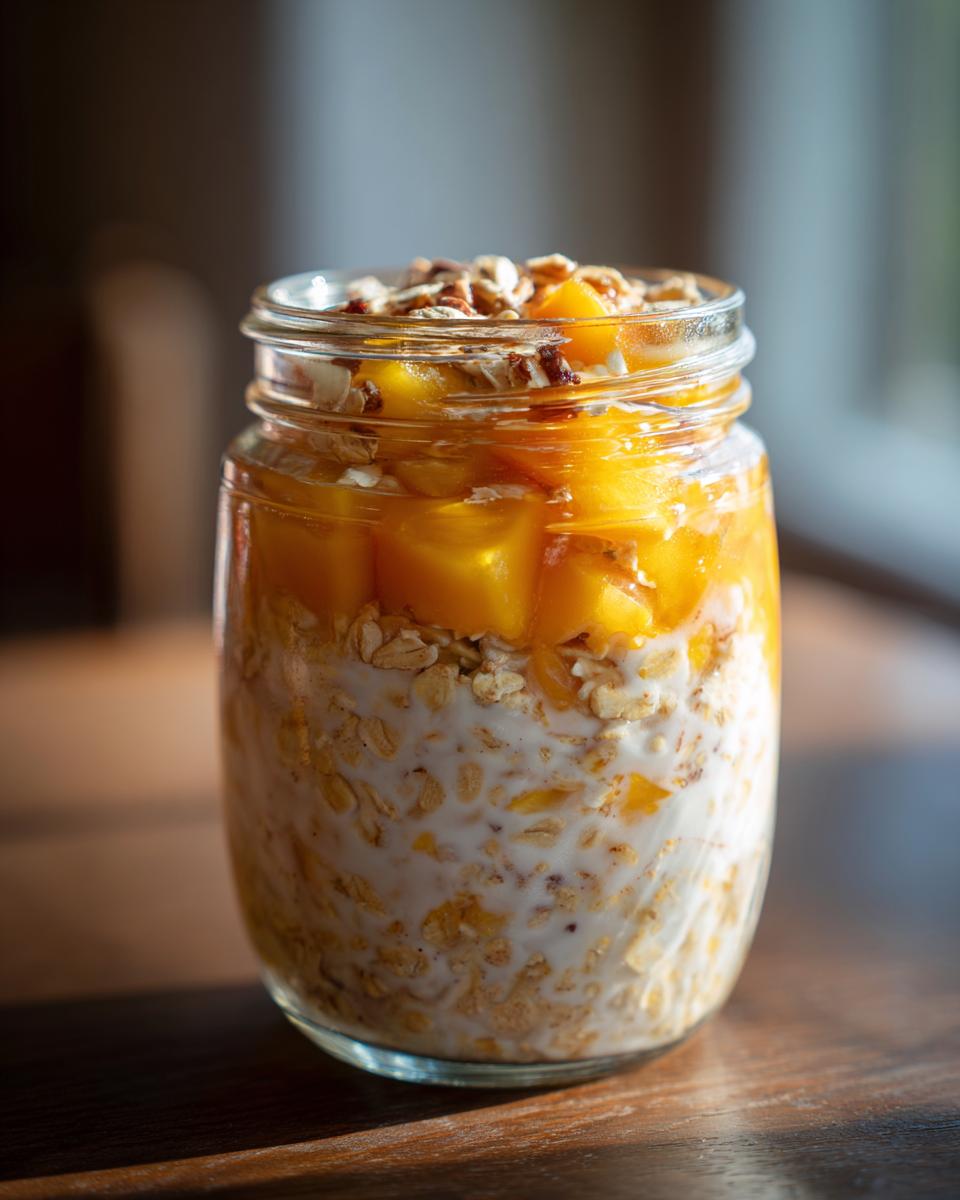 Overnight oats in a jar layered with fresh peaches and topped with nuts, showcasing a delicious peach recipe.