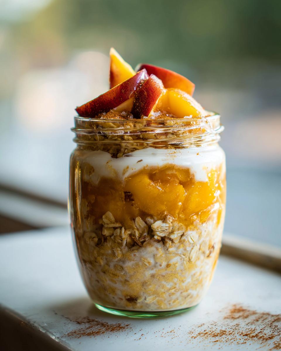 Overnight oats in a jar topped with yogurt, peaches, and granola, inspired by peach crisp.