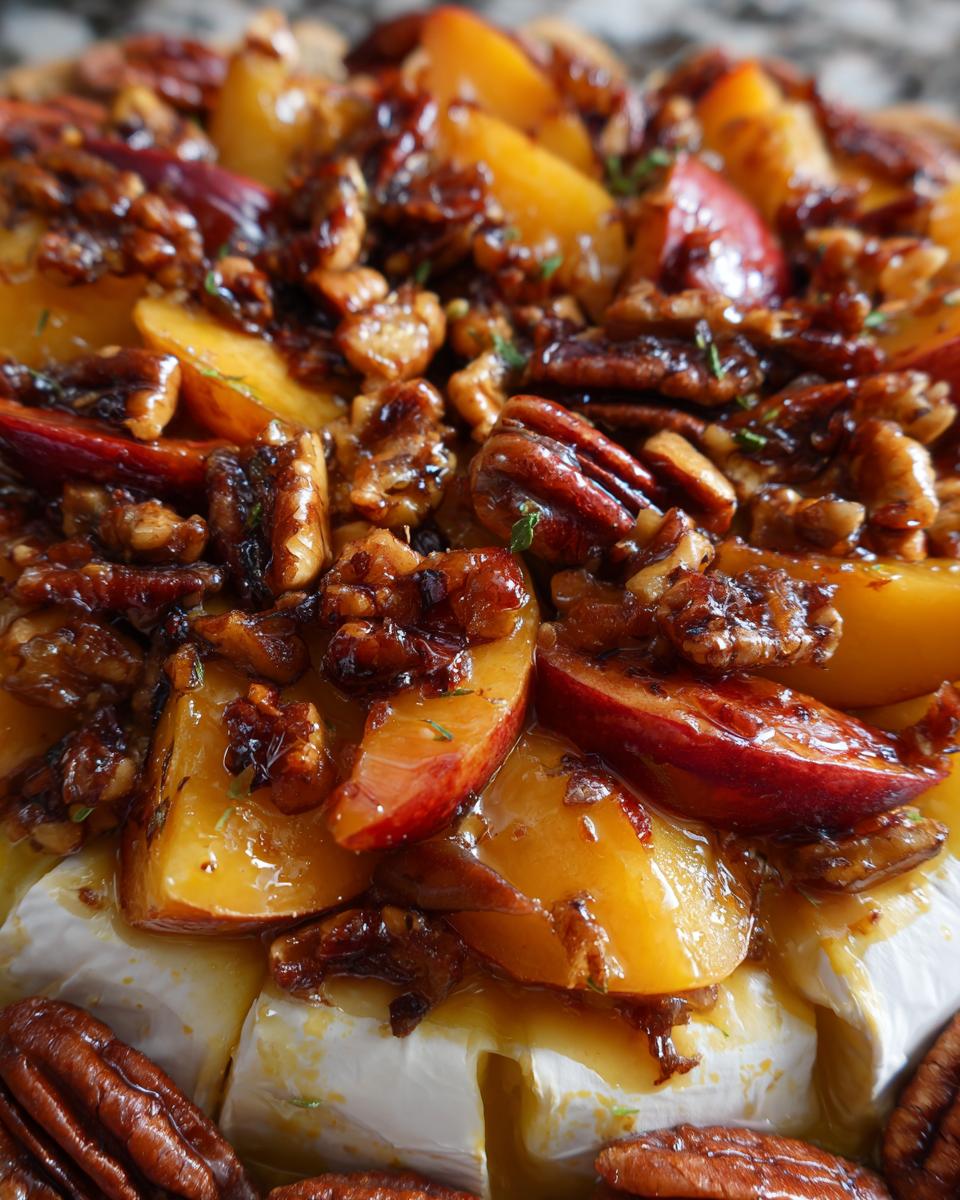 Close-up of baked brie topped with glistening peach slices, toasted pecans, and a drizzle of glaze.
