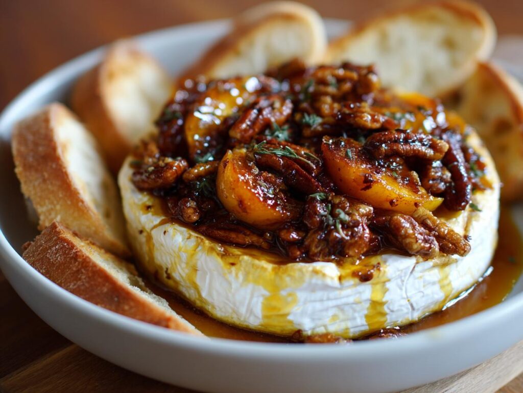 Close-up of baked brie topped with glazed peaches and toasted pecans, served with toasted baguette slices.