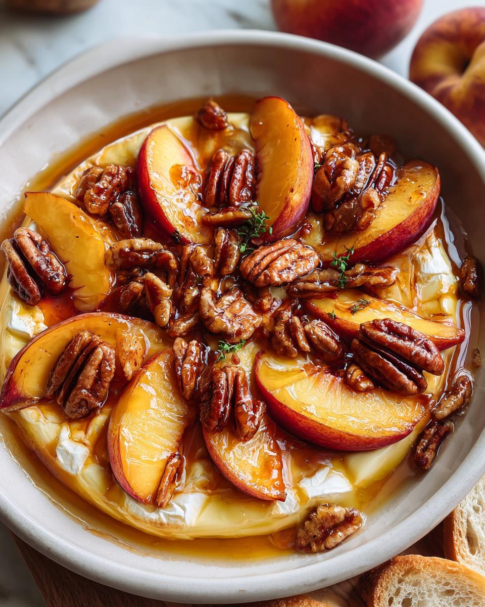 Close-up of baked brie topped with fresh peach slices and toasted pecans, drizzled with syrup.