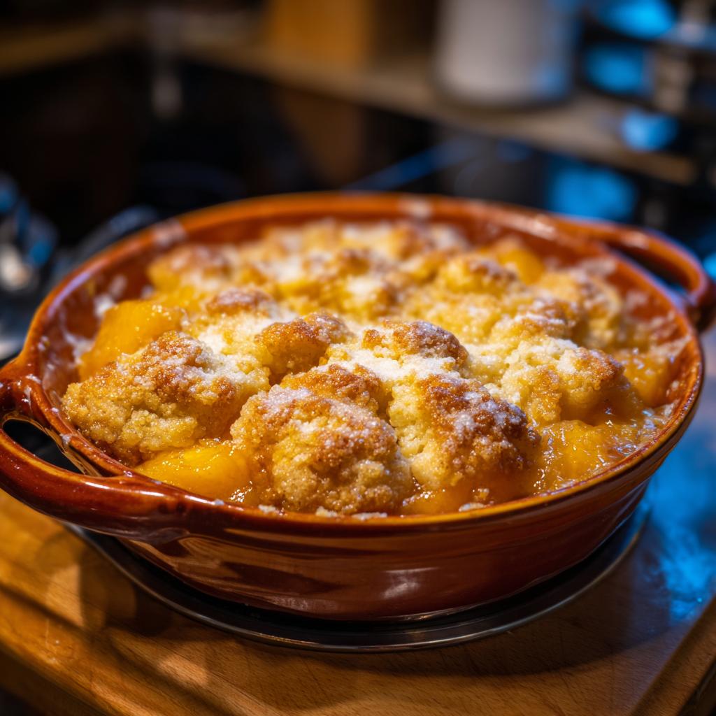 Close-up of a warm peach cobbler with a brown sugar crumble topping in a rustic baking dish.