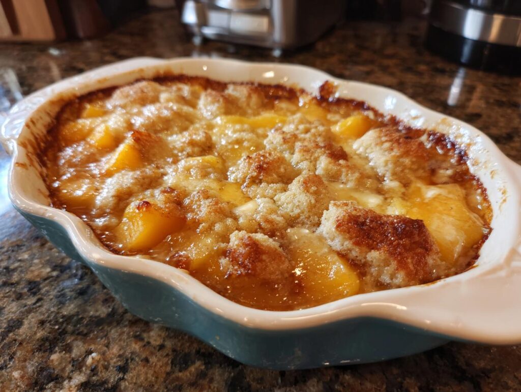 Close-up of a freshly baked peach cobbler with brown sugar topping, showcasing juicy peaches and a golden crust.