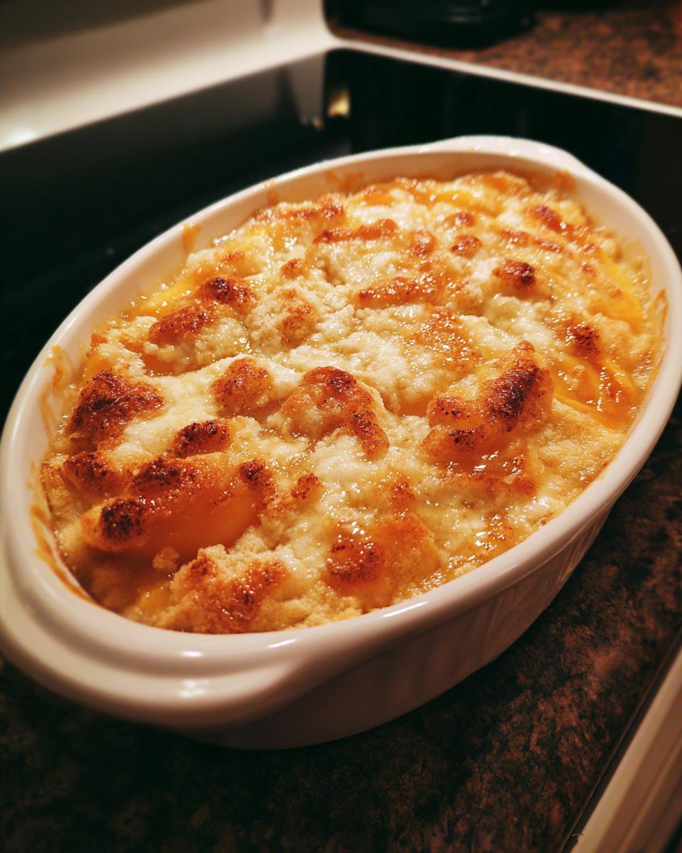 Close-up of a freshly baked peach cobbler with brown sugar topping in an oval baking dish.