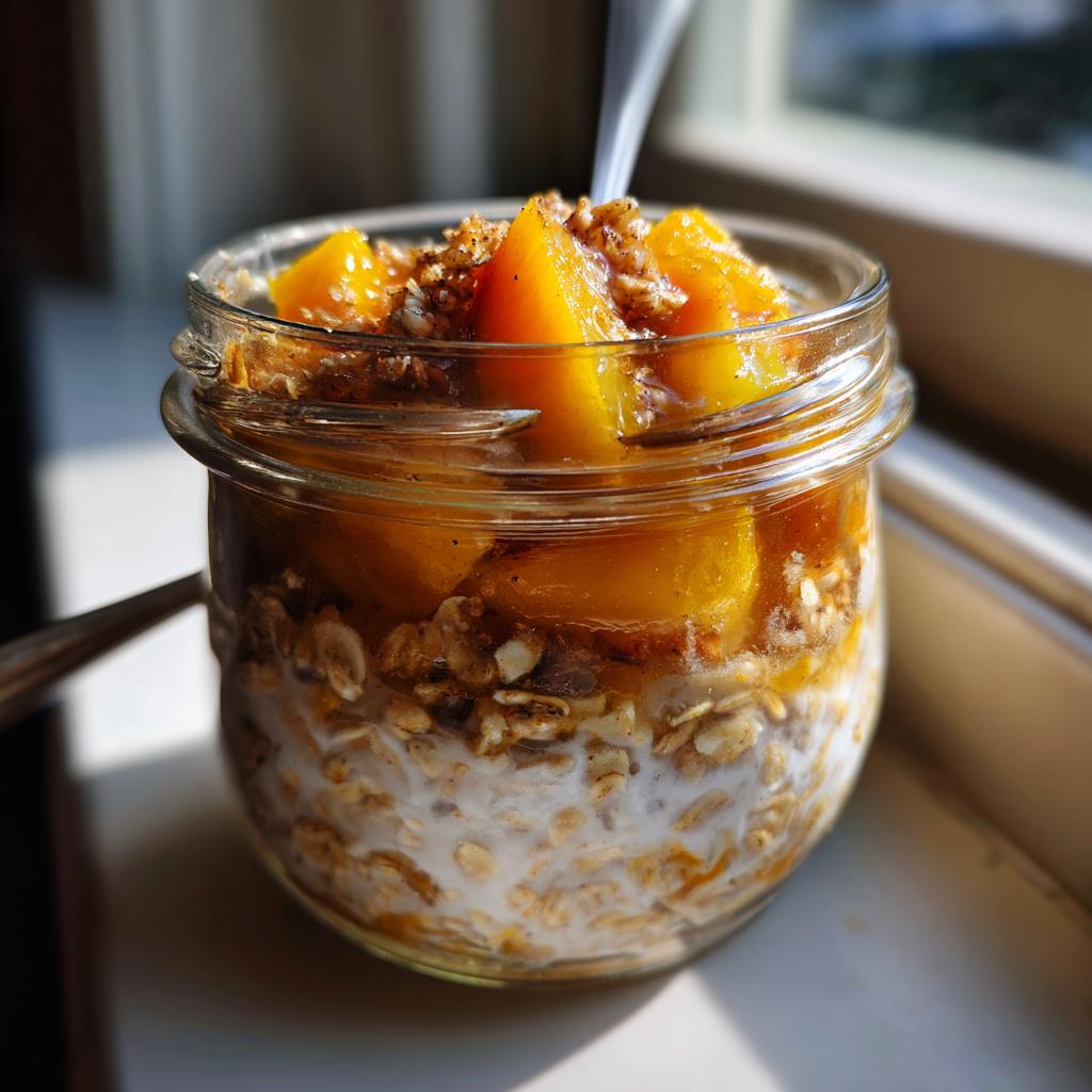 Close-up of a jar filled with overnight oats, topped with fresh peaches and a crunchy crisp topping, perfect for peach recipes.