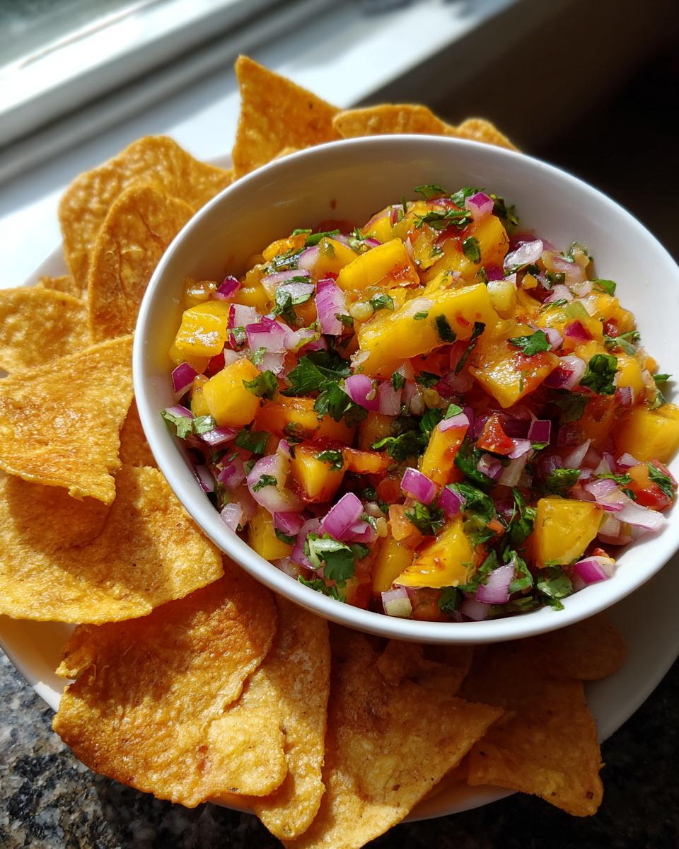 A bowl of fresh peach salsa with diced peaches, red onion, cilantro, and tomatoes, served with cinnamon chips.