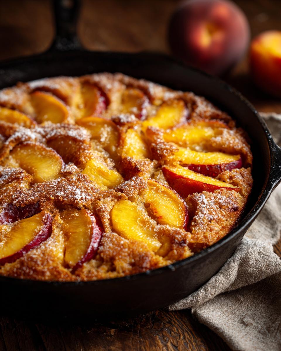 Close-up of a freshly baked skillet cake topped with juicy peach slices and dusted with powdered sugar.