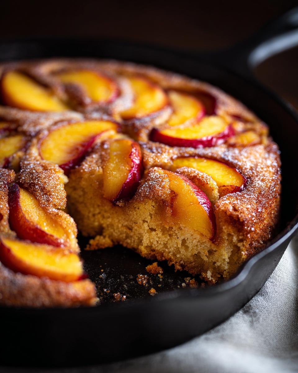 A close-up of a skillet cake topped with sliced peaches, showcasing soft summer fruit and a golden crumb.