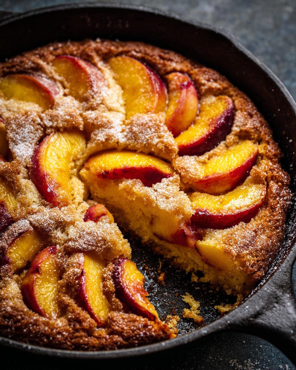 Close-up of a peach skillet cake with soft summer fruit, dusted with powdered sugar.