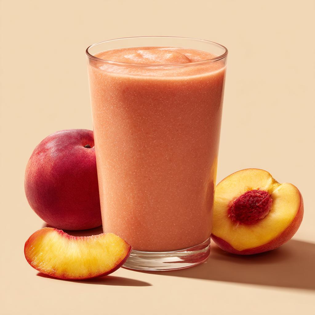 A tall glass of creamy peach yogurt smoothie with fresh peaches on the side, showcasing peach recipes.