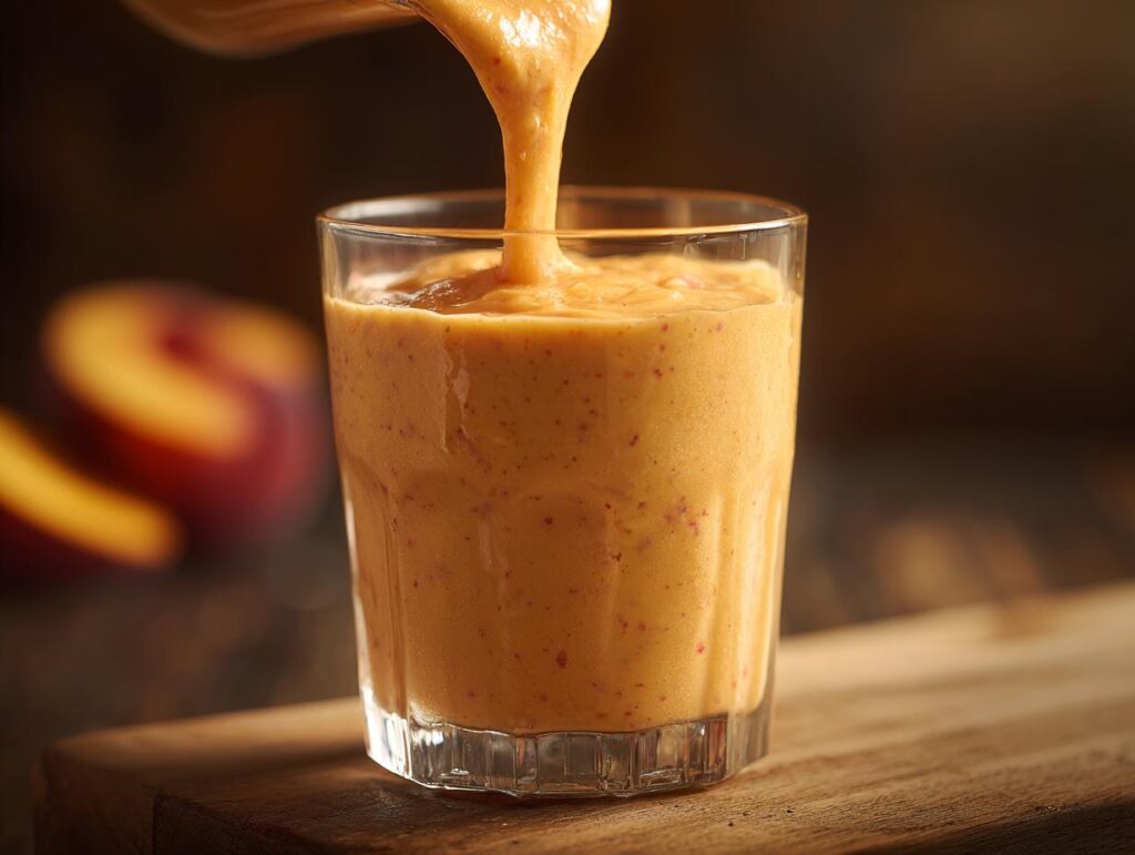 A glass filled with a creamy peach yogurt smoothie, with more smoothie being poured in.