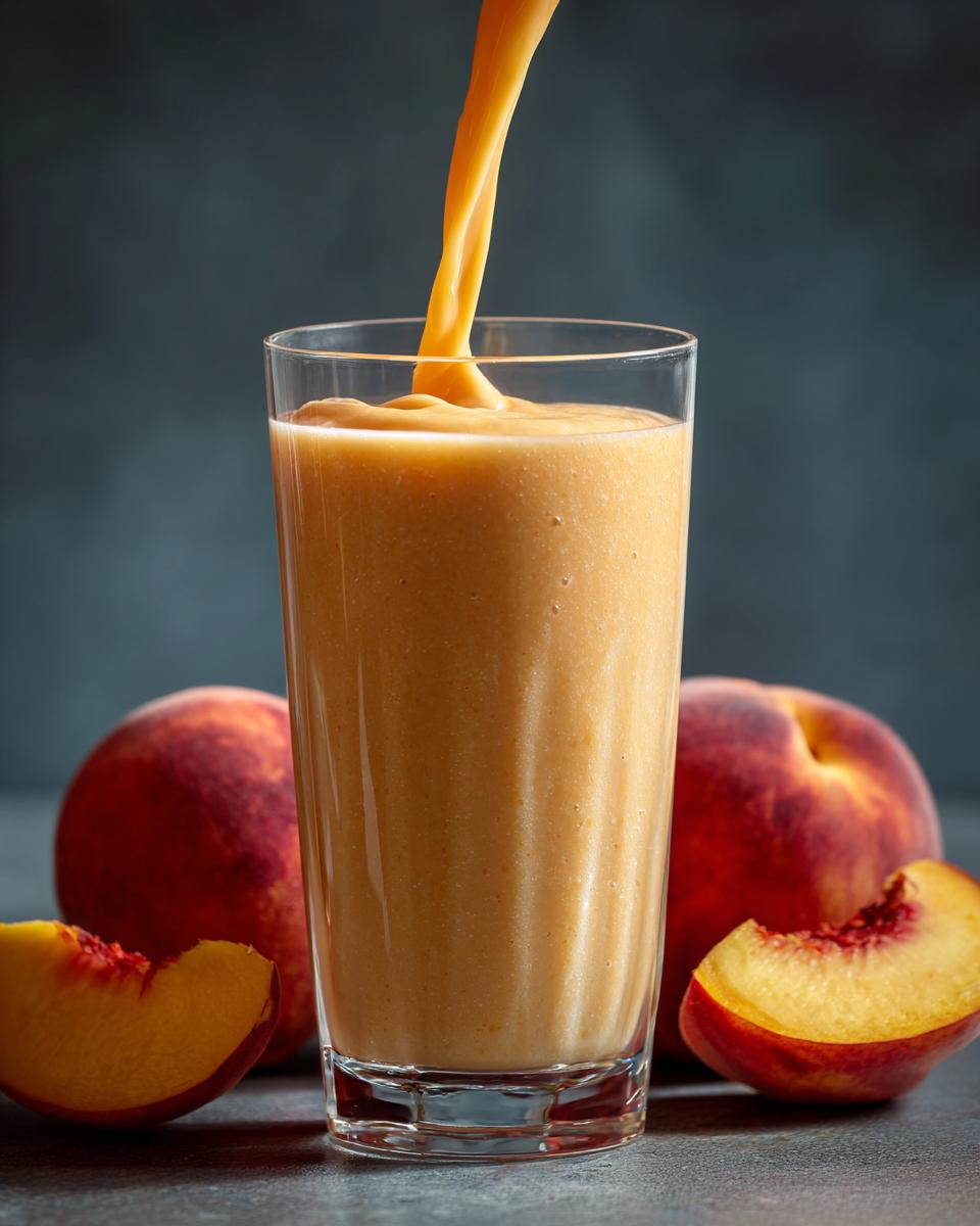 Pouring a creamy peach yogurt smoothie into a glass, with fresh peaches on the side.