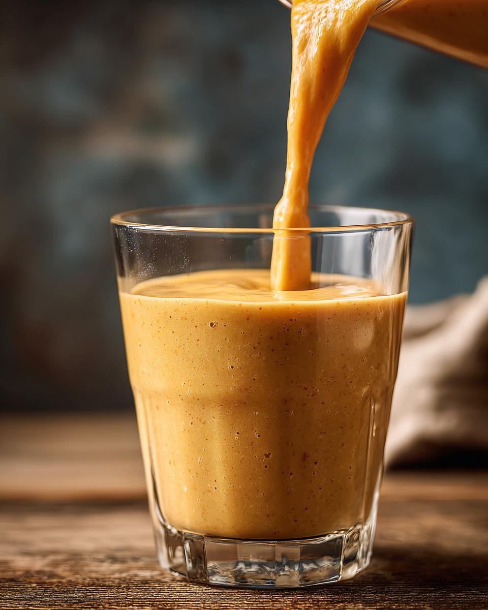 A creamy peach yogurt smoothie being poured into a glass, showcasing its smooth texture and sweet color.