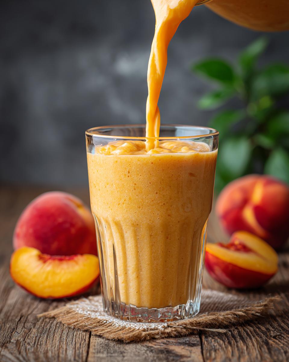 Pouring a creamy peach yogurt smoothie into a glass, with fresh peaches on the side.
