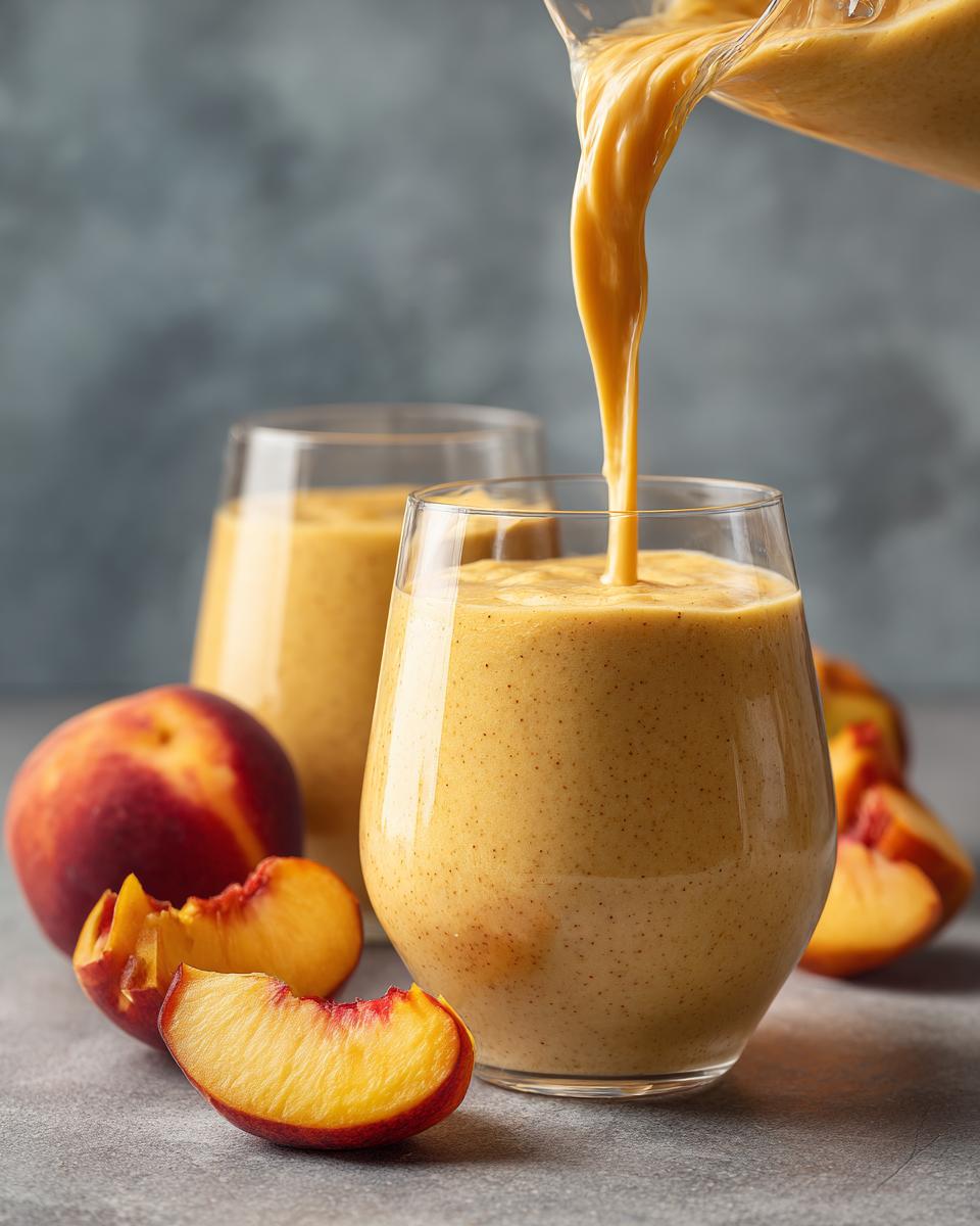 Peach yogurt smoothie being poured into a glass, with fresh peaches and slices around.