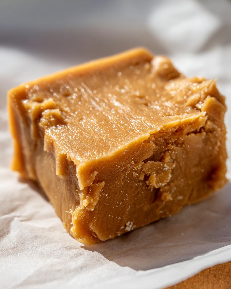 A close-up of a square of homemade peanut butter fudge, perfect for dessert recipes.