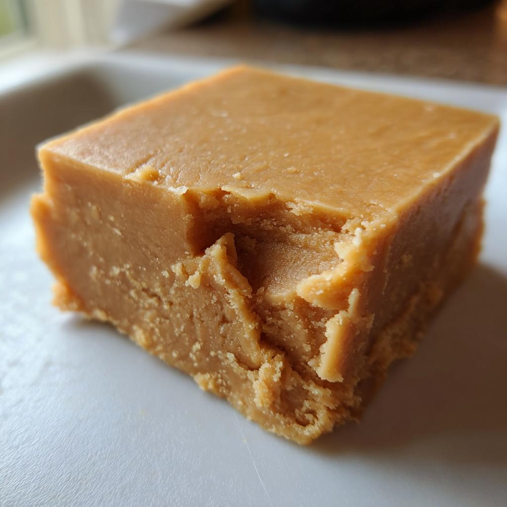 A close-up of a square peanut butter fudge piece with a bite taken out, perfect for dessert recipes.