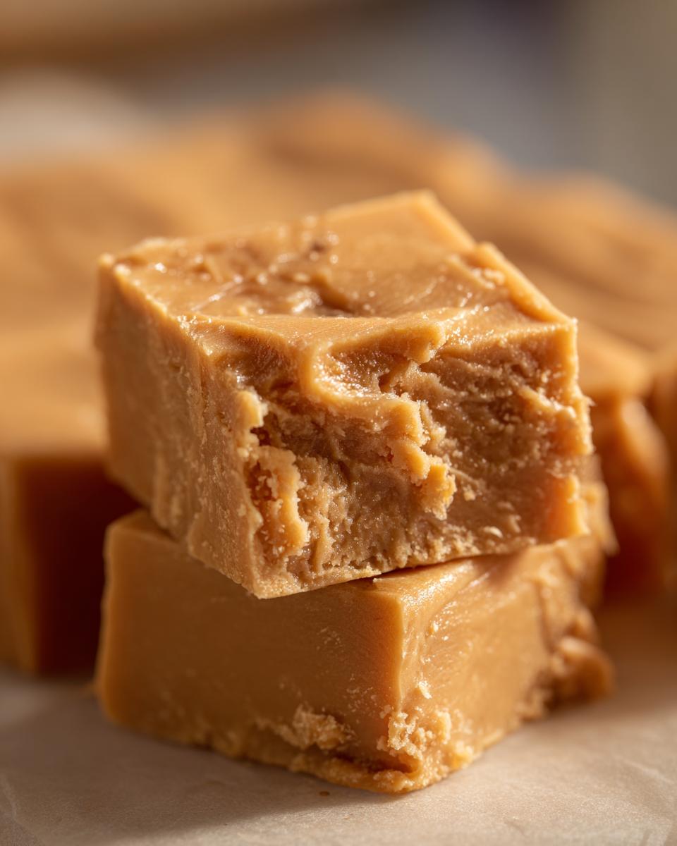 Close-up of two stacked squares of creamy peanut butter fudge, perfect for dessert recipes.