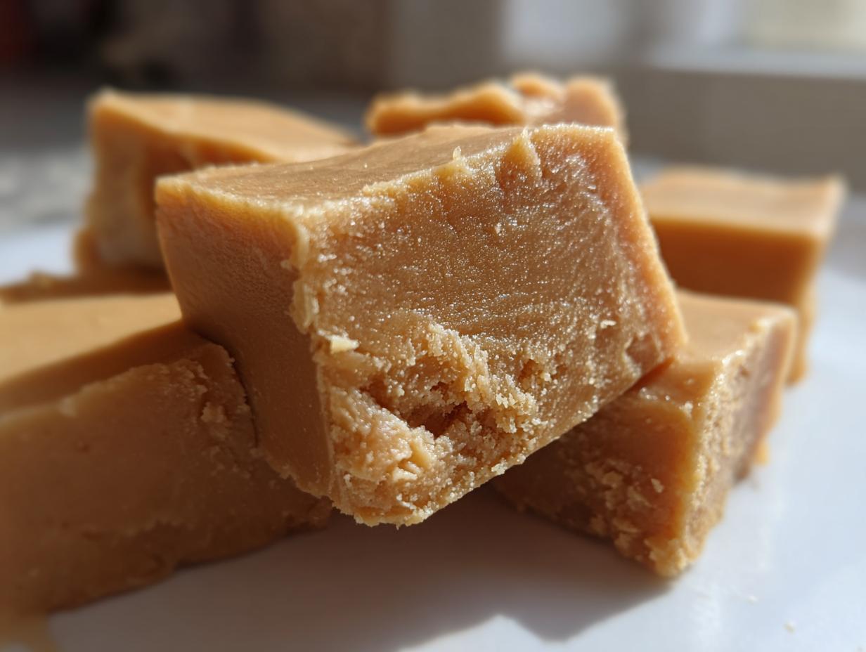 Close-up of creamy peanut butter fudge squares, perfect for dessert recipes.
