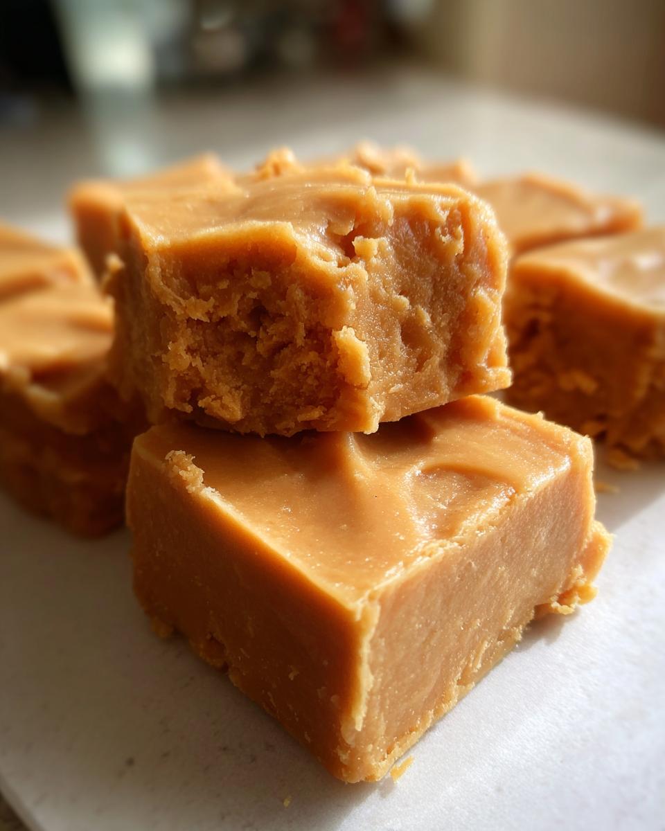 Close-up of creamy peanut butter fudge squares, perfect for dessert recipes.