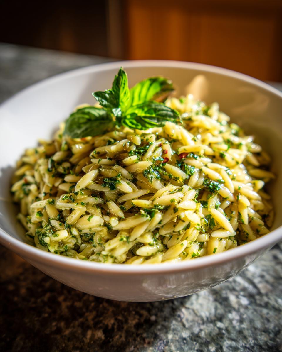 A close-up of a white bowl filled with bright pesto orzo pasta, garnished with fresh basil leaves.