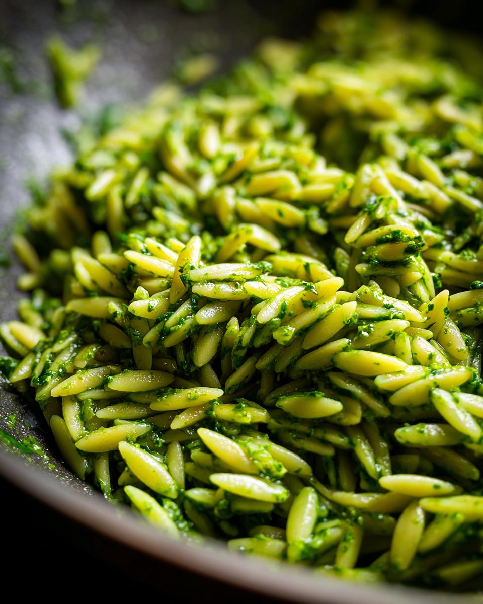 Close-up of bright green pesto orzo pasta in a pan, showcasing the vibrant colors and texture.