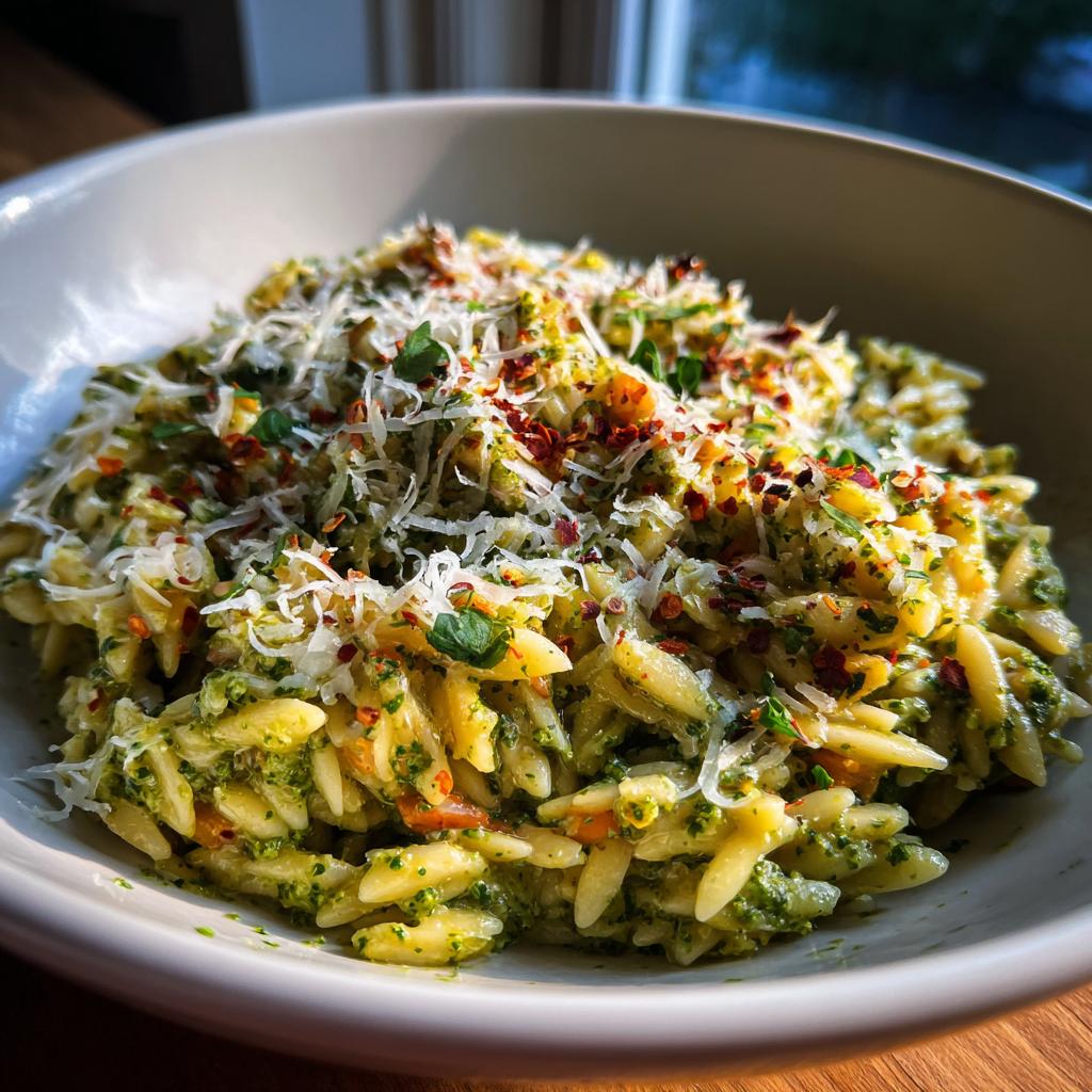 A bowl of bright pesto orzo pasta topped with grated cheese and red pepper flakes.