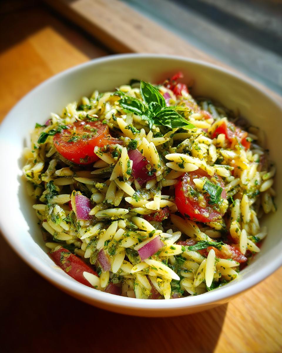 A bowl of bright pesto orzo pasta salad with cherry tomatoes, red onion, and fresh basil.