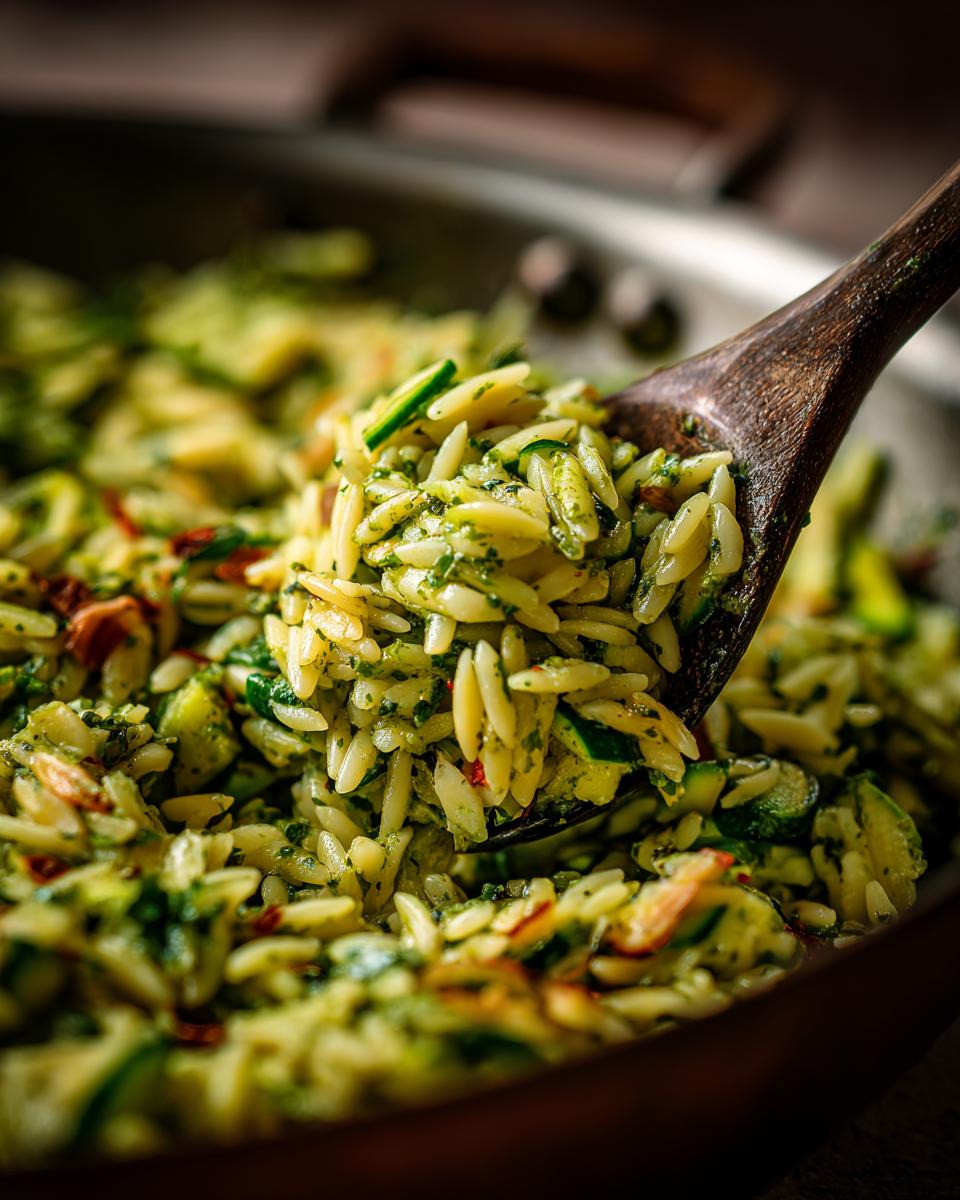 A wooden spoon scooping up bright pesto orzo with zucchini and sun-dried tomatoes from a pan.