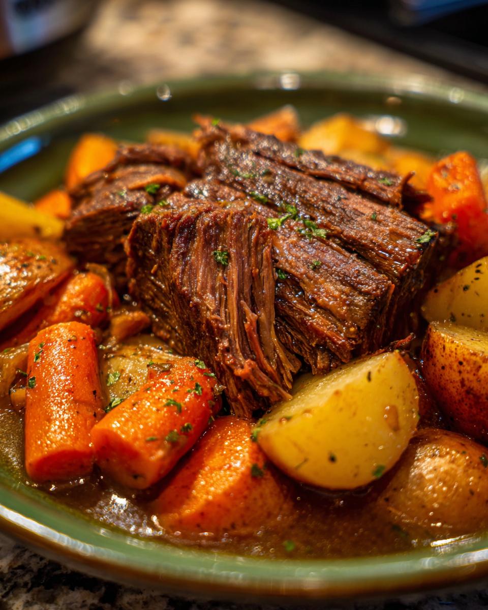 Close-up of a tender pot roast with fork-tender shreds, surrounded by chunks of carrots and potatoes in a rich gravy.