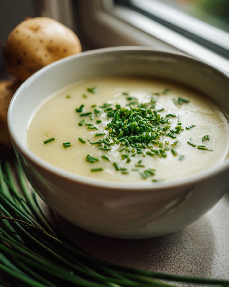 A bowl of creamy Potato Leek Soup topped with fresh chives, with potatoes and chives in the background.