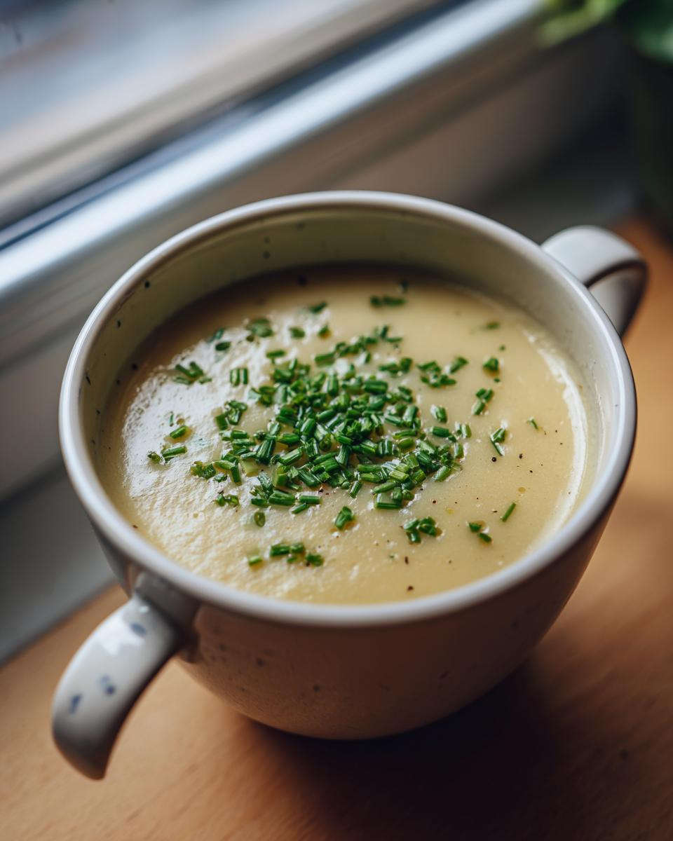 A close-up of a bowl of rich and silky potato leek soup, garnished with fresh chives.