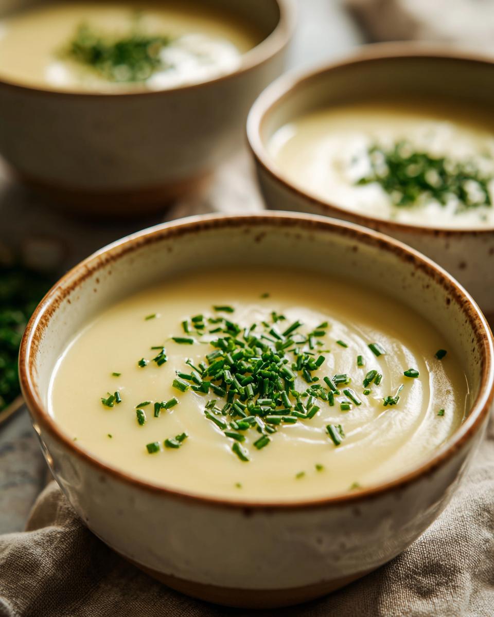 Close-up of a bowl of creamy potato leek soup topped with fresh chives, part of soup recipes that keep potato leek soup rich and silky.