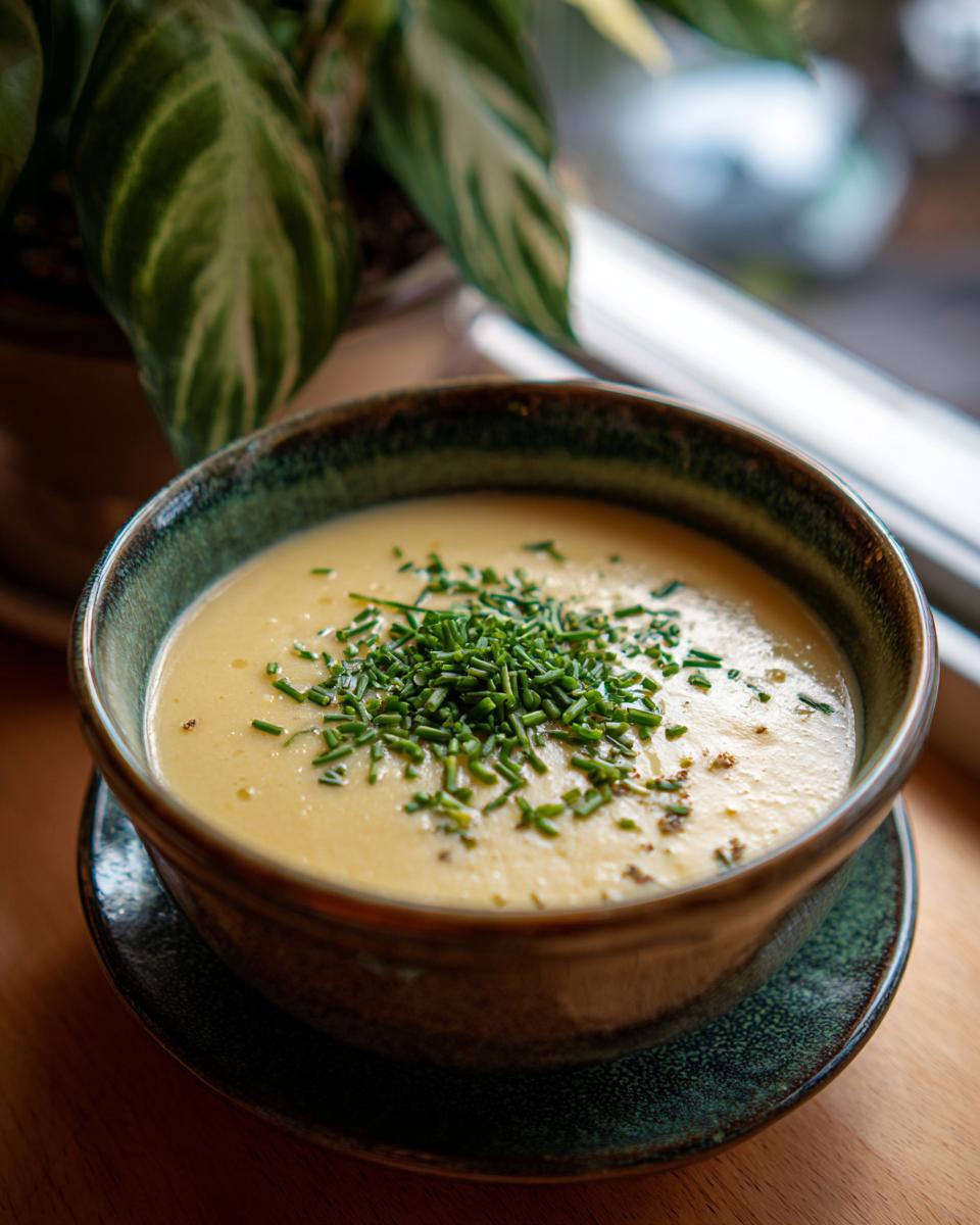 A bowl of rich Potato Leek Soup topped with fresh chives, showcasing its silky texture.