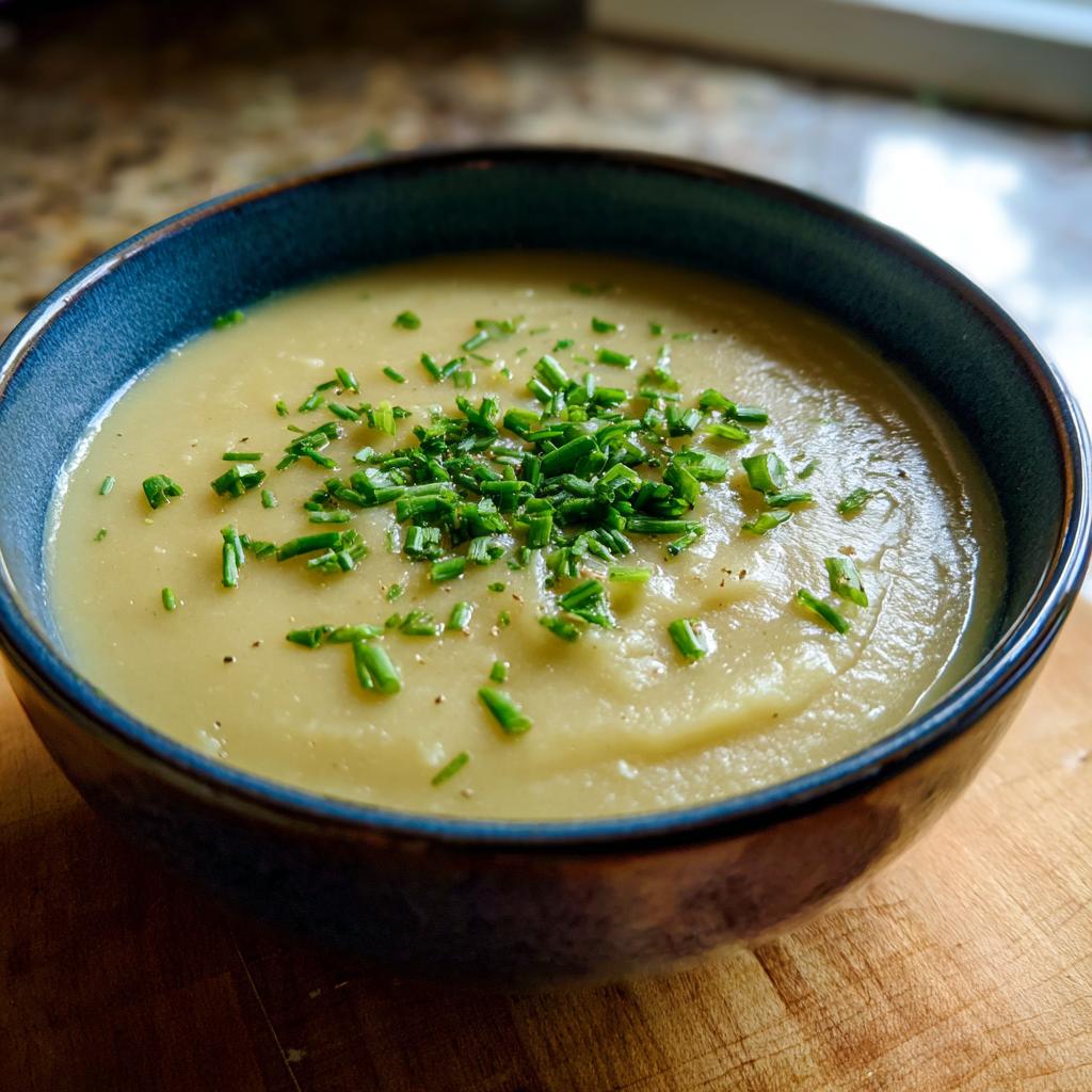 A close-up of a bowl of rich and silky potato leek soup, garnished with fresh chives.