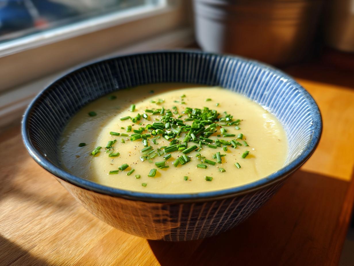 A close-up of a bowl of rich and silky potato leek soup, garnished with fresh chives and black pepper.