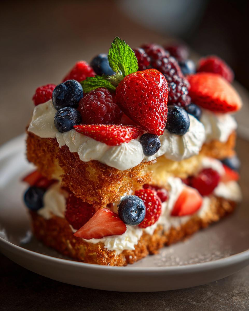 A layered pound cake berry shortcake topped with whipped cream and fresh berries, perfect for Fourth of July desserts.